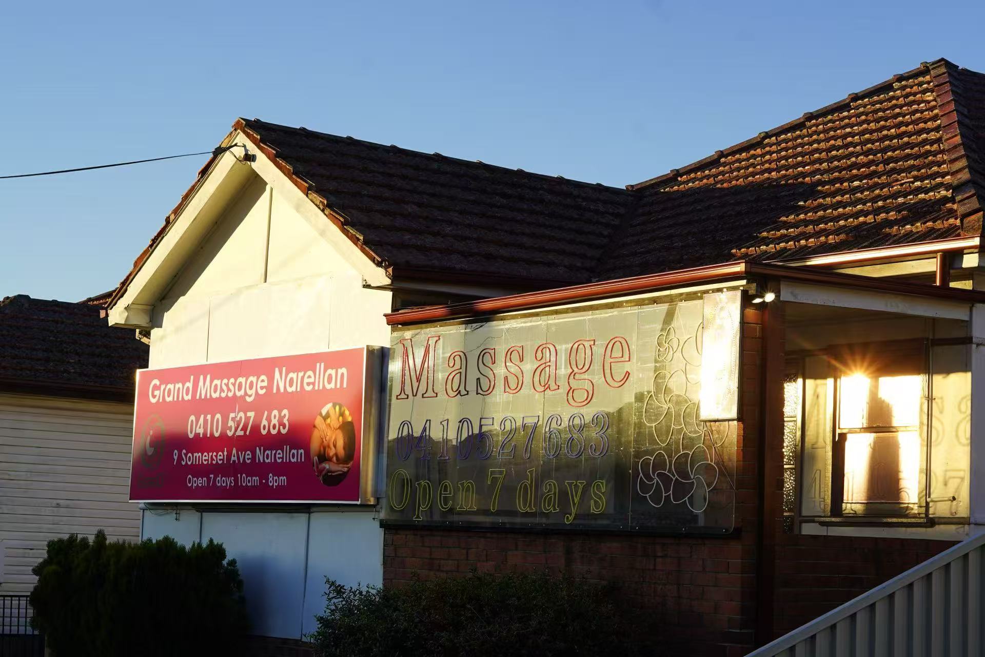 Grand Massage Narellan storefront and open signage